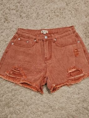 019p POL Rust  Distressed High-Rise Denim Shorts